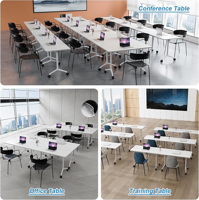 Conference Table Flip Top Mobile Conference Room Tables,Folding Conference Table with Wheels,Large Meeting Training Seminar Table Saving Space for Office Classroom (6, White, 70.8'')