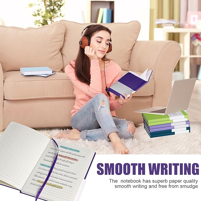 EMOMAS Lined Journal Notebook, 6Pack Hardcover Notebook for Men & Women – Journals for Writing, Work, School, Home & Daily Notes, 160 Pages – Medium A5, 5.7"x8", 100 gsm Thick Paper (Purple)
