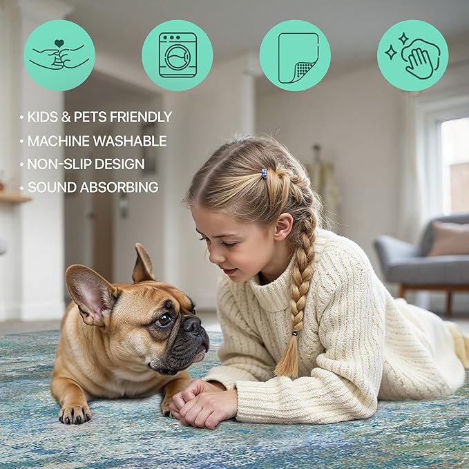 GENIMO Washable Rugs 4x6 Area Rugs for Living Room Bedroom, Modern Lightweight Rug Ultra Soft Indoor Area Rugs 4x6 for Dining Room, Low Pile Carpet with Non Slip Backing, Blue Green