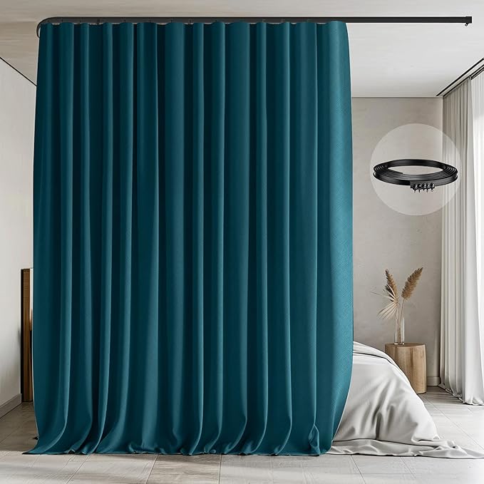 Room Divider Curtains with Flexible Ceiling Tracks Set,Blackout Curtain Ceiling Mount Curtain Track Privacy Room Dividers Ceiling Track Curtain Rod(Azure Blue Drape & Black rail W 8.3 × H 8 FT)