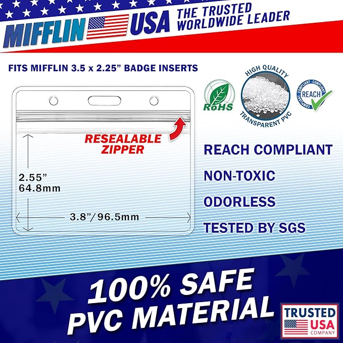 Mifflin-USA Horizontal ID Name Badge Holder (Clear, 3.5x2.25 Inches, 100 Pack), Waterproof and Resealable Plastic Card Holders