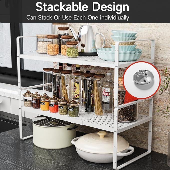 jkxoo 2Pack Expandable Cabinet Countertop Shelves 16.5-27’’L, Adjustable Metal Spice Rack Organizer, Stackable Kitchen Counter Storage Shelves Organizers for Cabinet Organization, White