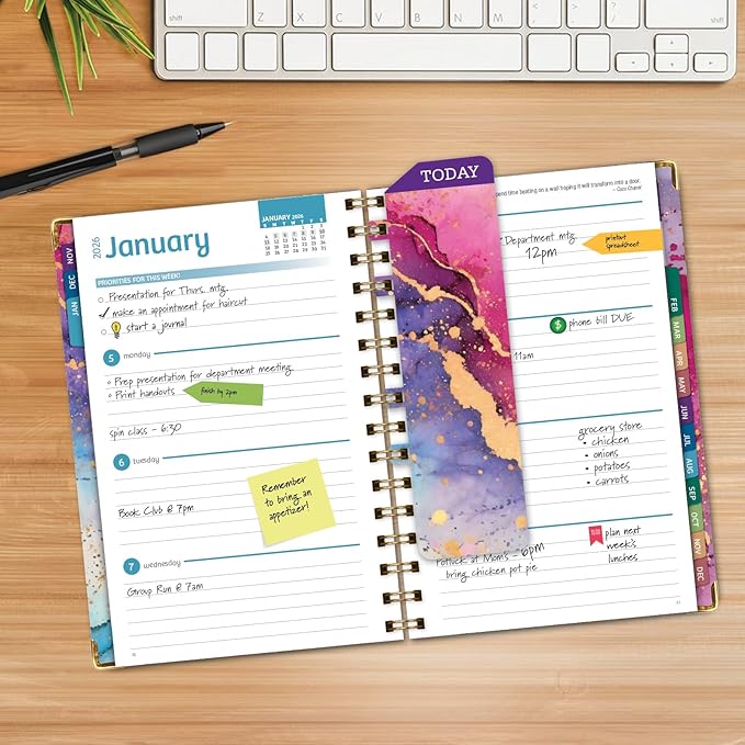 HARDCOVER 2026 Planner, 5.5"x8": 14 Months (November 2025 - December 2026), Daily Weekly Monthly Planner, Yearly Agenda, Bookmark, Pocket Folder and Sticky Note Set (Rainbow Gold Marble)