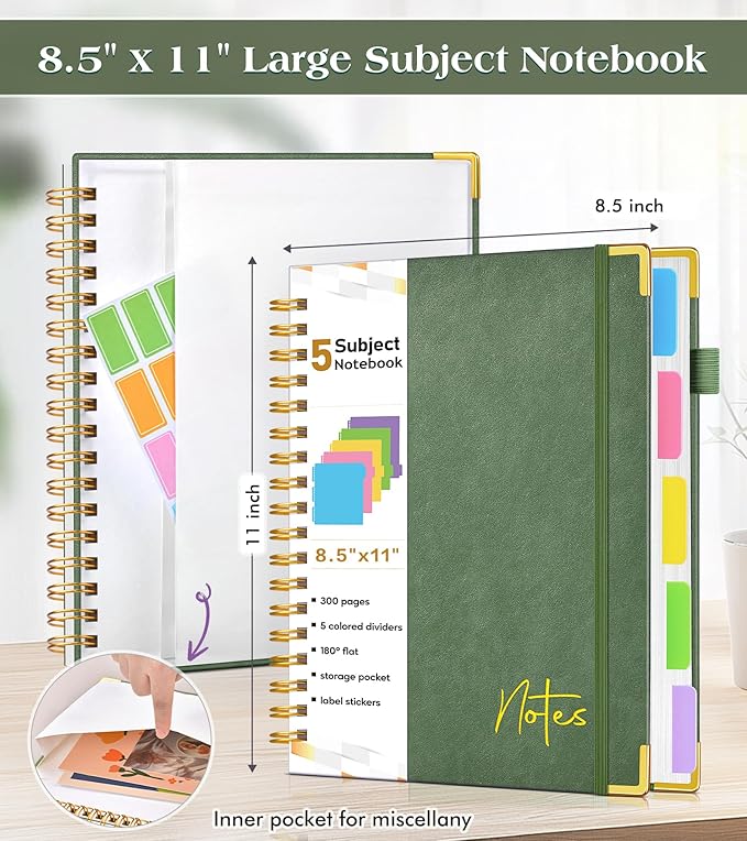 Spiral Notebook Journal with Removable Dividers Tabs, 300 Pages Hardcover Leather 5 Subject College Ruled Notebook, 8.5"x11" Large A4 Lined Journal for Women Men, Spiral Notebook for Work School,Green