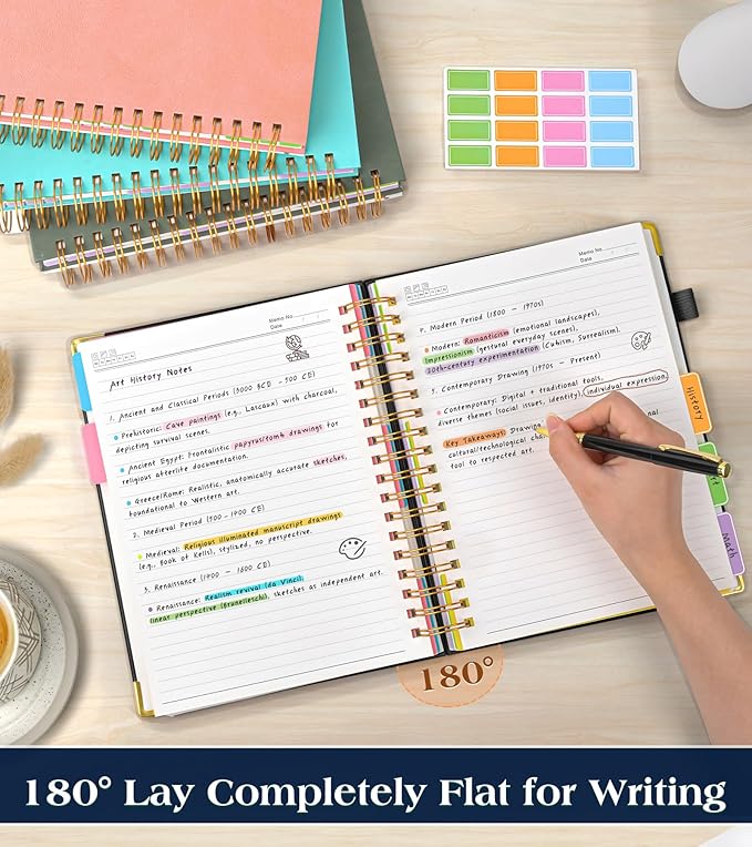 Spiral Notebook Journal with Removable Dividers Tabs, 300 Pages Hardcover Leather 5 Subject College Ruled Notebook, 6.1"x8.2" Large A5 Lined Journal for Women Men Spiral Notebook for Work School,Black