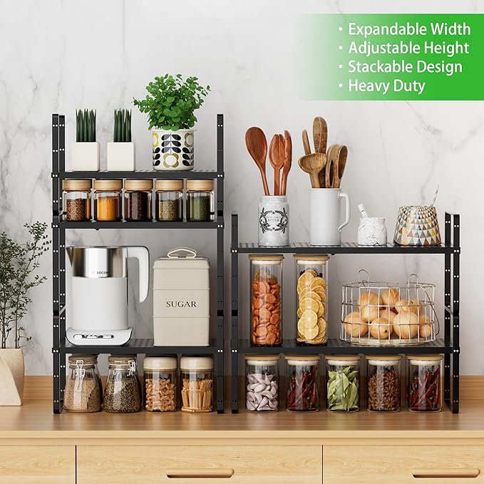 SOFRON Expandable Cabinet Storage Shelf Stackable Organizer Rack for Kitchen Bathroom Pantry Spice Cupboard Coffee Countertop Home Office Desk Heavy Duty Nonslip Black Large 2 Packs