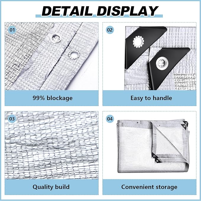 99% Aluminet Shade Cloth Reflective Tarp 6.5 x 10 ft Aluminium Cloth Porch Privacy Screen with Grommets for Car Garden Pergola Patio Sun Shade Kennel Cover Durable Mesh Canopy Cover Easy Setup