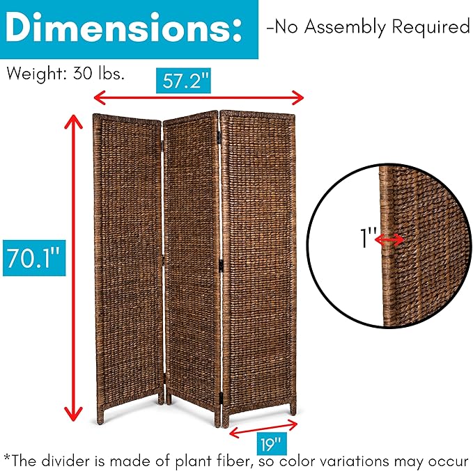 BIRDROCK HOME 3 Panel Seagrass Room Divider - Brown Wash - Folding Sections - Partition Screen - Hand Woven Abaca - Home Decor