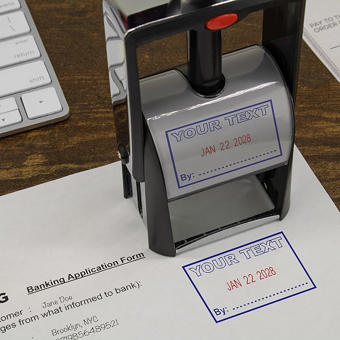 MaxMark Heavy Duty Self Inking Date Stamp with Phrase Deposited - Red Ink