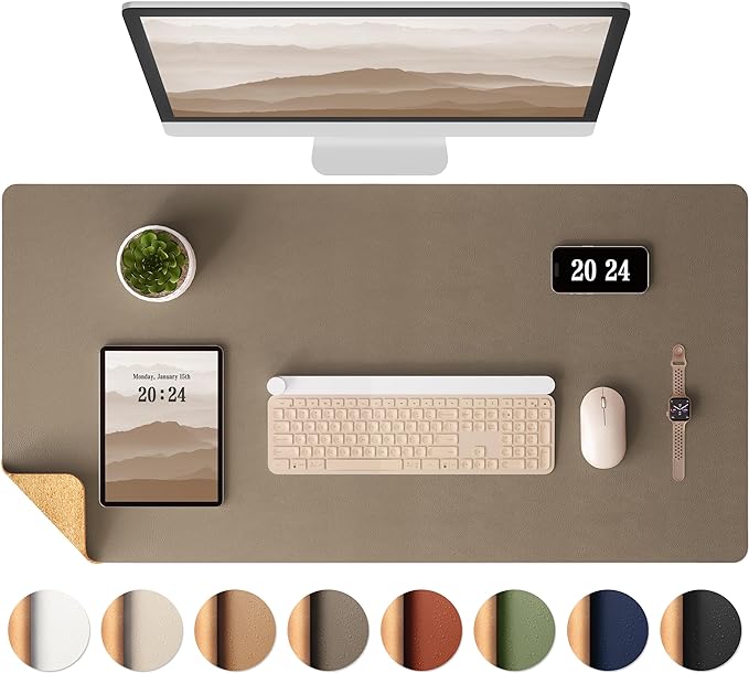 Aothia Dual-Sided Desk Mat - Leather & Cork Desk Protector, Large Mouse Pad & Writing Pad for Office/Home, Coffee (25.6"x13.7")