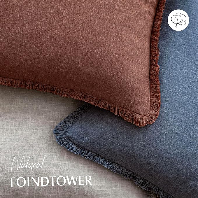 Foindtower Set of 2 Decorative Linen Fringe Lumbar Throw Pillow Covers Boho Farmhouse Cushion Cover with Tassels Soft Accent Pillowcase for Couch Sofa Bed Living Room Home Decor,12×24 Inch,Rust Red