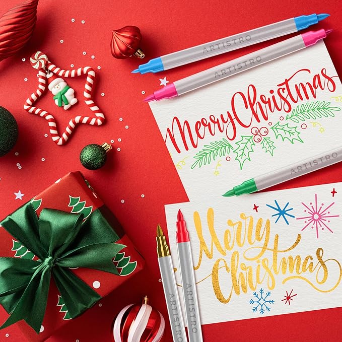 ARTISTRO 60 Acrylic Paint Markers - Paint Pens Dual Tip Brush + Fine Ideal for Calligraphy - Perfect for Fabric, Rock, Glass, Wood, DIY - Art Supplies, Stocking Stuffers, Christmas Gift Idea