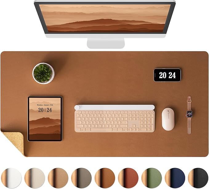 Aothia Double-Sided Desk Pad, Leather Desk Mat, Eco Cork Desk Pad Protector, Large Mouse Pad, Waterproof Desk Blotter Protector for Office/Home (25.6"x13.7", Brown)