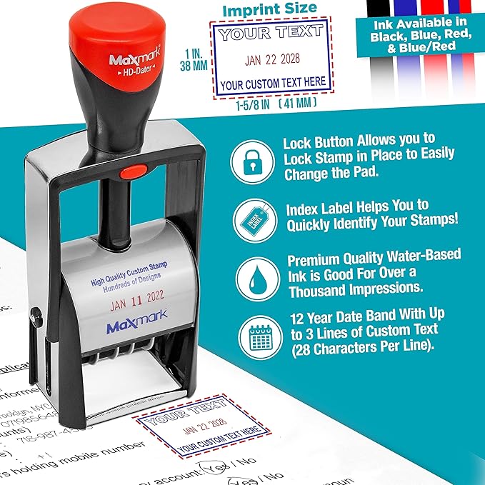 MaxMark Heavy Duty Self Inking Date Stamp with Phrase Scanned - 2 Color Blue/Red Ink