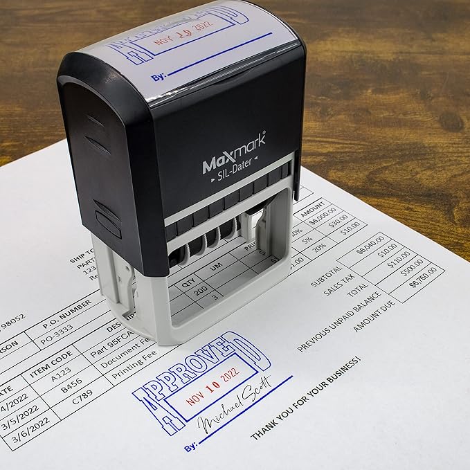MaxMark Large Self-Inking Rubber Date Office Stamp with Paid Phrase & Date - Red Ink, 12-Year Band - Style 5