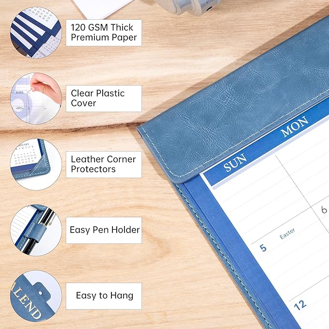 Yoment Desk Calendar 2026, Jan 2026-Dec 2027, 2026 Desk Calendar Large 17 x 12, 2026 Calendar with Plastic Cover, To-Do Lists, Leather Desktop Wall Calendar 2026-2027 for Office School Home, Blue