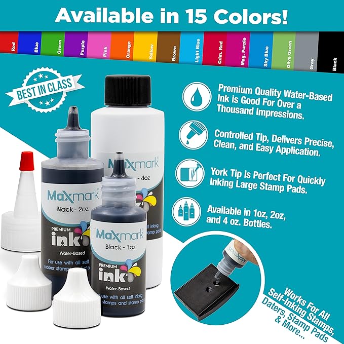 MaxMark Premium Refill Ink with Control Tip Bottle for Self-Inking Stamps, Brown Color - 1 oz.