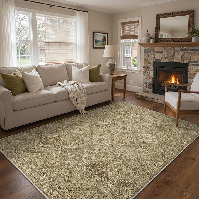 GENIMO 8x10 Area Rugs for Living Room, Machine Washable Non Slip Vintage Rugs, Low Pile Lightweight Print Rug for Bedroom, Dining Room, Home Office, Tan Brown
