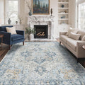 GENIMO 9x12 Area Rugs for Living Room, Machine Washable Non Slip Vintage Rugs, Low Pile Lightweight Chenille Print Rug for Bedroom, Dining Room, Home Office, Blue