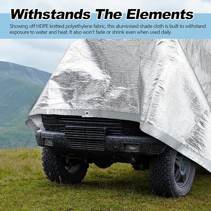 99% Aluminet Shade Cloth Reflective Tarp 10 x 14 ft Aluminium Cloth Porch Privacy Screen with Grommets for Car Garden Pergola Patio Sun Shade Kennel Cover Durable Mesh Canopy Cover Easy Setup