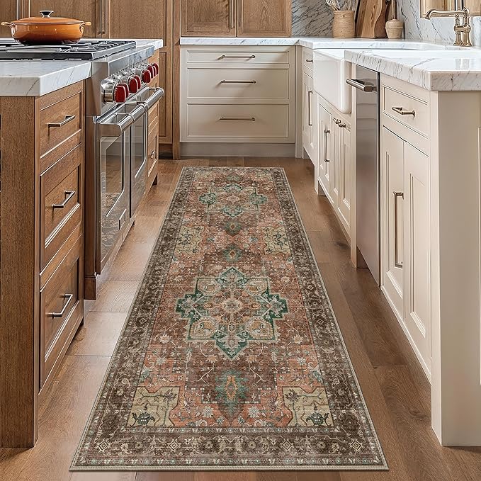 GENIMO 2'6"x8 Runner Rugs for Hallway, Machine Washable Non Slip Vintage Rugs, Low Pile Lightweight Soft Print Rug for enrtyway, Corridor, Home Office, Kitchen, Rosewood