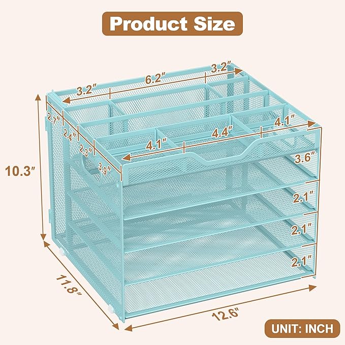 Docnest 5 Tier Letter Tray with Hanging File Organizer-Mesh Desk Organizer-Desktop Storage Box Built in Pen Holder and Handles, File Folder Holder for Mail Documents Office Supplies-Blue