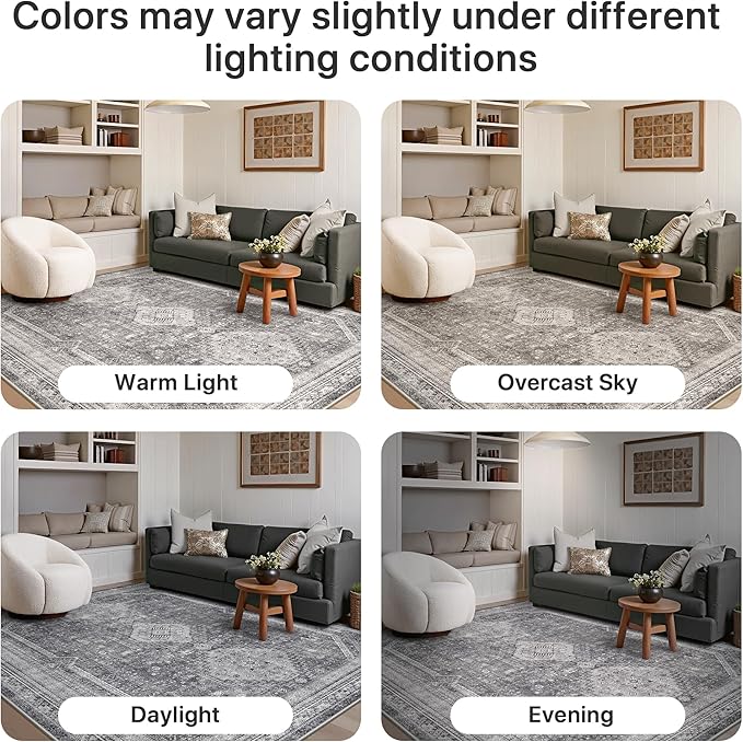 GENIMO 6x9 Area Rugs for Living Room, Machine Washable Non Slip Rugs, Low Pile Lightweight Print Rug for Bedroom, Dining Room, Home Office, Vintage Grey