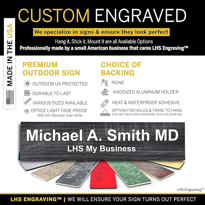 Custom Name Plate with Choice of Mounting for Walls, Doors, Cubicles, Hanging and More - Personalized Carbon Ash Plastic White Letters - USA Made 2x10 - N1