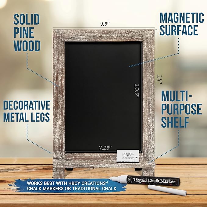 HBCY Creations Rustic Wooden Tabletop Chalkboard with Legs/Vintage Wedding Table Sign/Small Kitchen Countertop Memo Board/Antique Wooden Frame (9.5” x 14” Inches) (5- Weathered Brown)