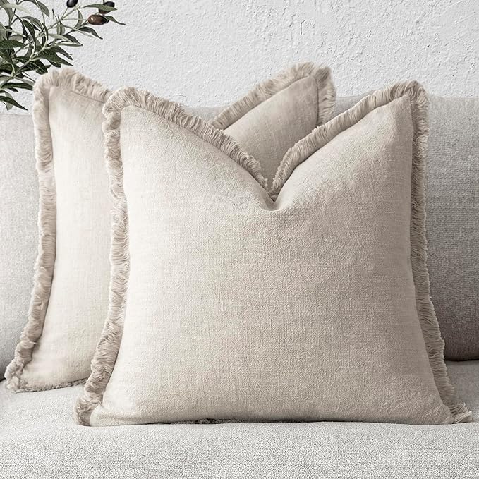 Foindtower Set of 2 Decorative Linen Fringe Throw Pillow Covers Cozy Boho Farmhouse Cushion Cover with Tassels Soft Accent Pillowcase for Couch Sofa Bed Living Room Home Decor, 22×22 Inch, Beige