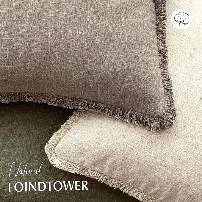 Foindtower Set of 2 Decorative Linen Fringe Throw Pillow Covers Boho Farmhouse Cushion Cover with Tassels Accent Pillowcase for Couch Chair Sofa Bed Living Room Home Decor,22×22 Inch,Brown Tan