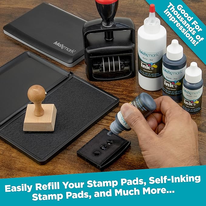 MaxMark Premium Refill Ink with Control Tip Bottle for Self-Inking Stamps, Red Color - 1 oz.