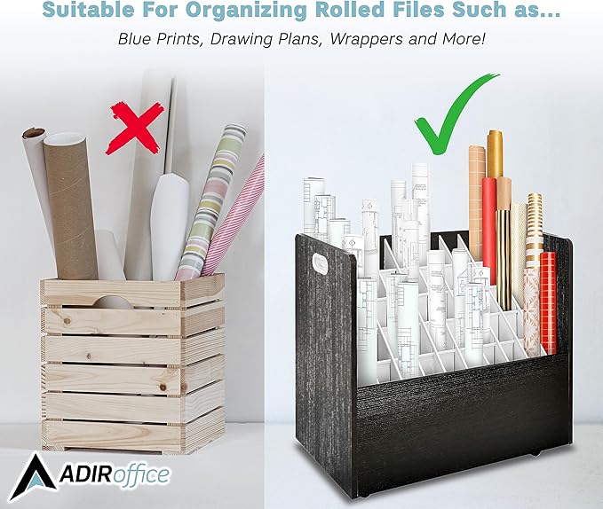 Adir Blue Print Storage Organizer - Mobile Roll File Cart, Construction Plan Holders, Blueprint Cabinet with Wheels, Roll Files Storage for Office and Home (50 Slots, Black)