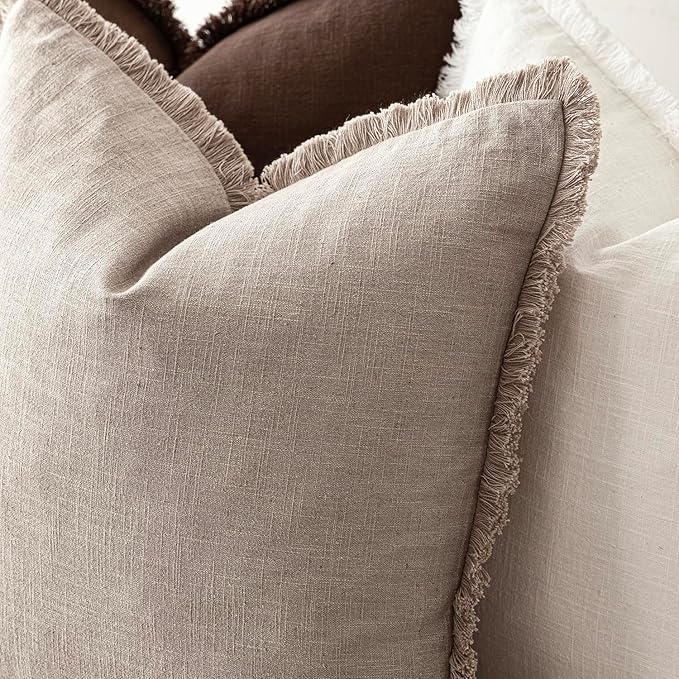 Foindtower Set of 2 Decorative Linen Fringe Lumbar Throw Pillow Covers Farmhouse Cushion Cover with Tassels Accent Pillowcase for Couch Sofa Bed Living Room Home Decor,12×24 Inch,Natural Linen