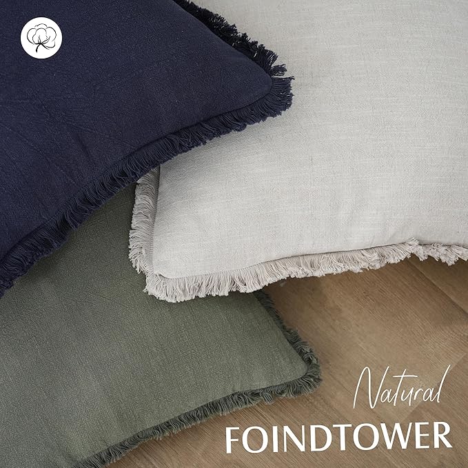Foindtower Set of 2 Decorative Linen Fringe Throw Pillow Covers Cozy Boho Farmhouse Cushion Cover with Tassels Soft Accent Pillowcase for Couch Sofa Bed Living Room Home Decor, 26×26 Inch, Olive Green