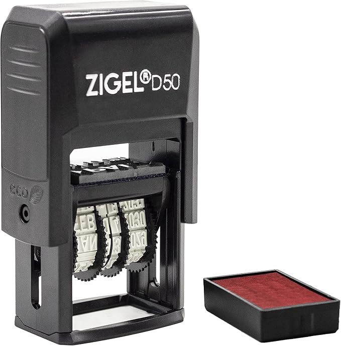 ZIGEL D50 Date Stamp with Your Custom Text - Self Inking Date Stamp - Red