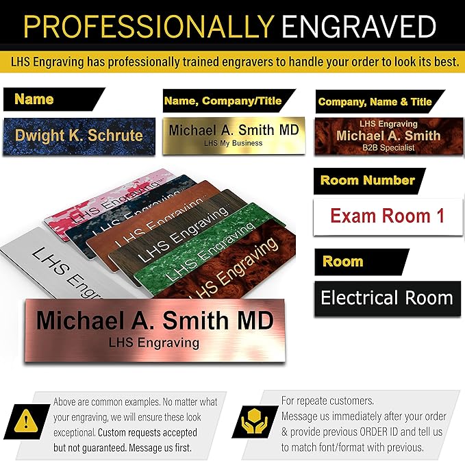 Personalized Name Plate with Choice of Mounting Holders for Walls, Doors, Cubicles, Hanging and More - Custom Red Plastic Gold Letters - USA Made 2x12 B17