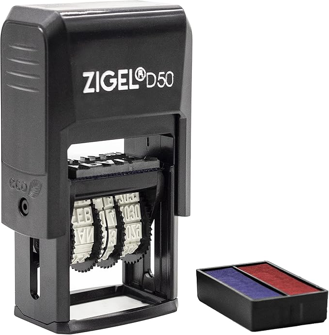 ZIGEL D50 Date Stamp with Scanned - Self Inking Date Stamp - Blue/Red