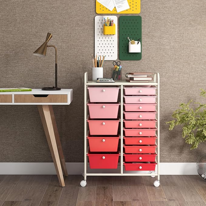 GOFLAME 15-Drawer Rolling Storage Cart, Craft Storage Cart with Removable Drawers & Lockable Wheels, Art Cart Supply Storage Organizer for Home Office Classroom, Pink Gradient