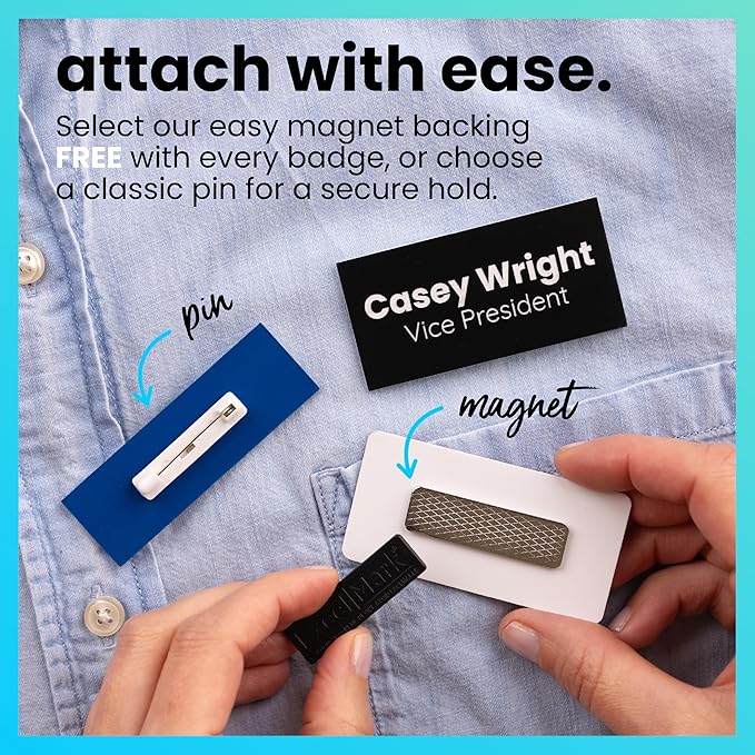 ExcelMark Custom Name Tag - Engraved Name Badge with Pin or Magnetic Backing, 16 Colors, 6 Fonts, and 2 Sizes to Choose from (Silver w/Black Letters, 1.5"x 3")