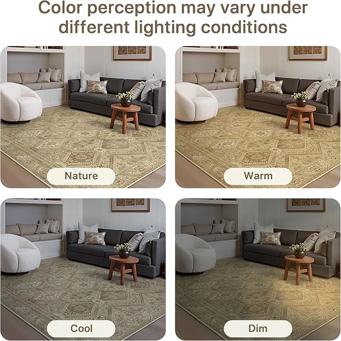 GENIMO 3x5 Area Rugs for Living Room, Machine Washable Non Slip Vintage Rugs, Low Pile Lightweight Print Rug for Bedroom, Dining Room, Home Office, Tan Brown