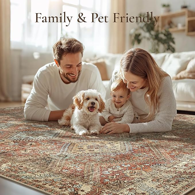 GENIMO 8x10 Area Rugs for Living Room, Machine Washable Non Slip Rugs, Low Pile Lightweight Print Rug for Bedroom, Dining Room, Home Office, Vintage Brick Red