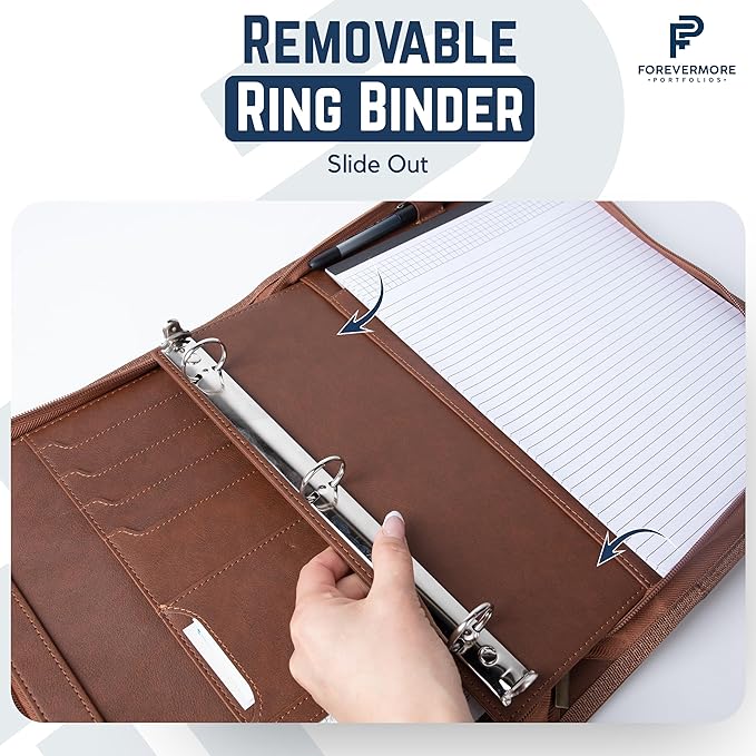 Forevermore Portfolios Padfolio Binder - Professional Faux Leather Travel Organizer Pouch for Tablet, Documents, Presentation Folders, Zipper Closure, Removable 3-Ring Notepad - Brown