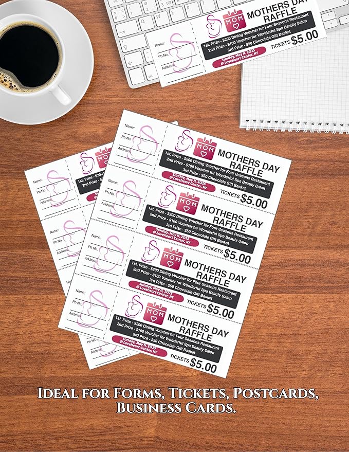 Limited Papers (TM) 8.5x11 Perforated Paper, 20/50 Pound, 75 GSM, Variety of Perforation Sizes and Colors, for Forms, Tickets, Postcards, Business Cards. (White, 4 up - horizontal every 2.75")