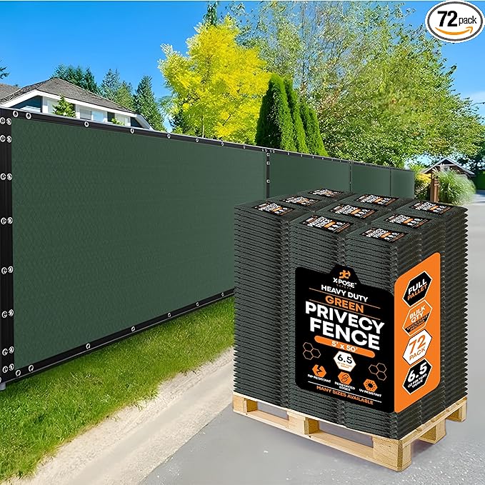 Xpose Safety Privacy Fence Screen 5’ x 50’ (72 Pack) – Bulk Full Pallet – Heavy Duty Green Mesh with 90% Visibility Block, UV Protection – for Garden, Yard, Nursery, Kennel, Dog Run, Greenhouse