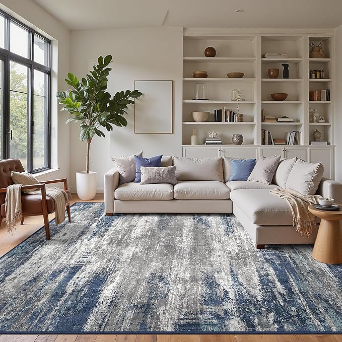 GENIMO Rugs for Bedroom-Washable 6x9 Area Rugs Lightweight Low Pile, Modern Printed Non-Slip Carpet for Living Room, Playroom, Dining Room, Office, Blue Ivory