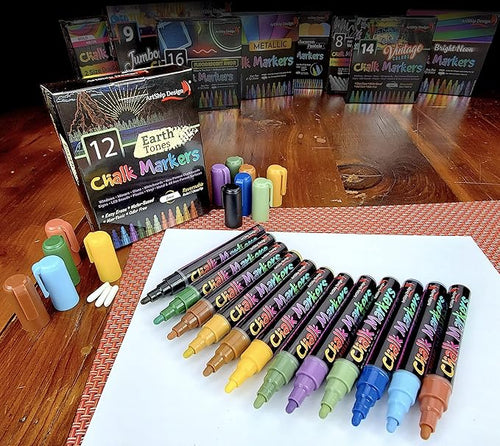 12 Earth Tone Chalk Markers Double Pack of Both Fine and Reversible Medium Tip Liquid Chalk Pens Wet Erasable - Menu Boards, Glass, Windows, White Boards, Classrooms, Mirrors, Plastic, Metal