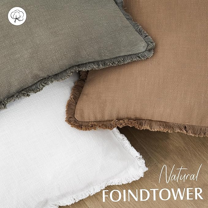 Foindtower Set of 2 Decorative Linen Fringe Throw Pillow Covers Cozy Boho Farmhouse Cushion Cover with Tassels Soft Accent Pillowcase for Couch Sofa Bed Living Room Home Decor,20×20 Inch,White