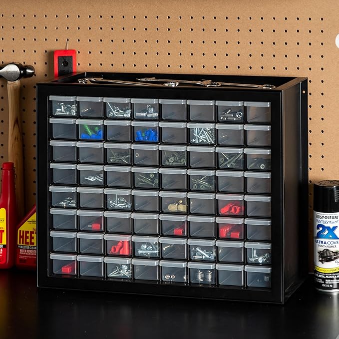 IRIS USA Bead Organizer Drawers, 64-Drawer, Screw Tool Electronics Hardware Nuts and Bolts Plastic Garage Storage Cabinet Bin, Stackable Craft Supply Building Bricks Sorter Teacher Tool Box, Black