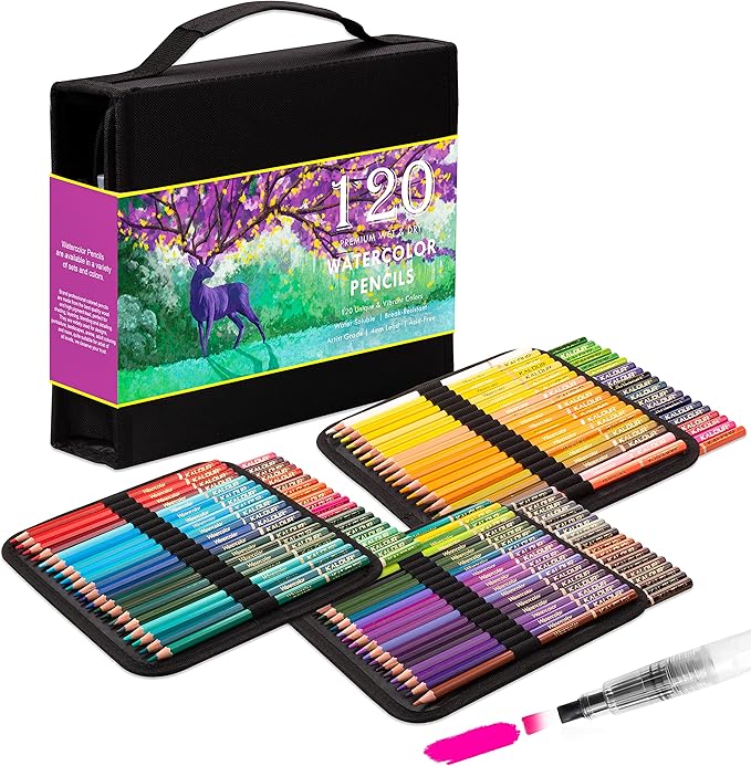 KALOUR Premium Watercolor Pencils, Set of 120 Colors,with Water Brush Pen,Portable Nylon Case,Numbered and Lightfastness,Water-soluble Colored Pencils for Adult Coloring,Water Color for Beginner Kids